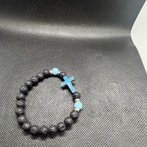 Black Beaded Lava Stone Bracelet with Blue Cross
